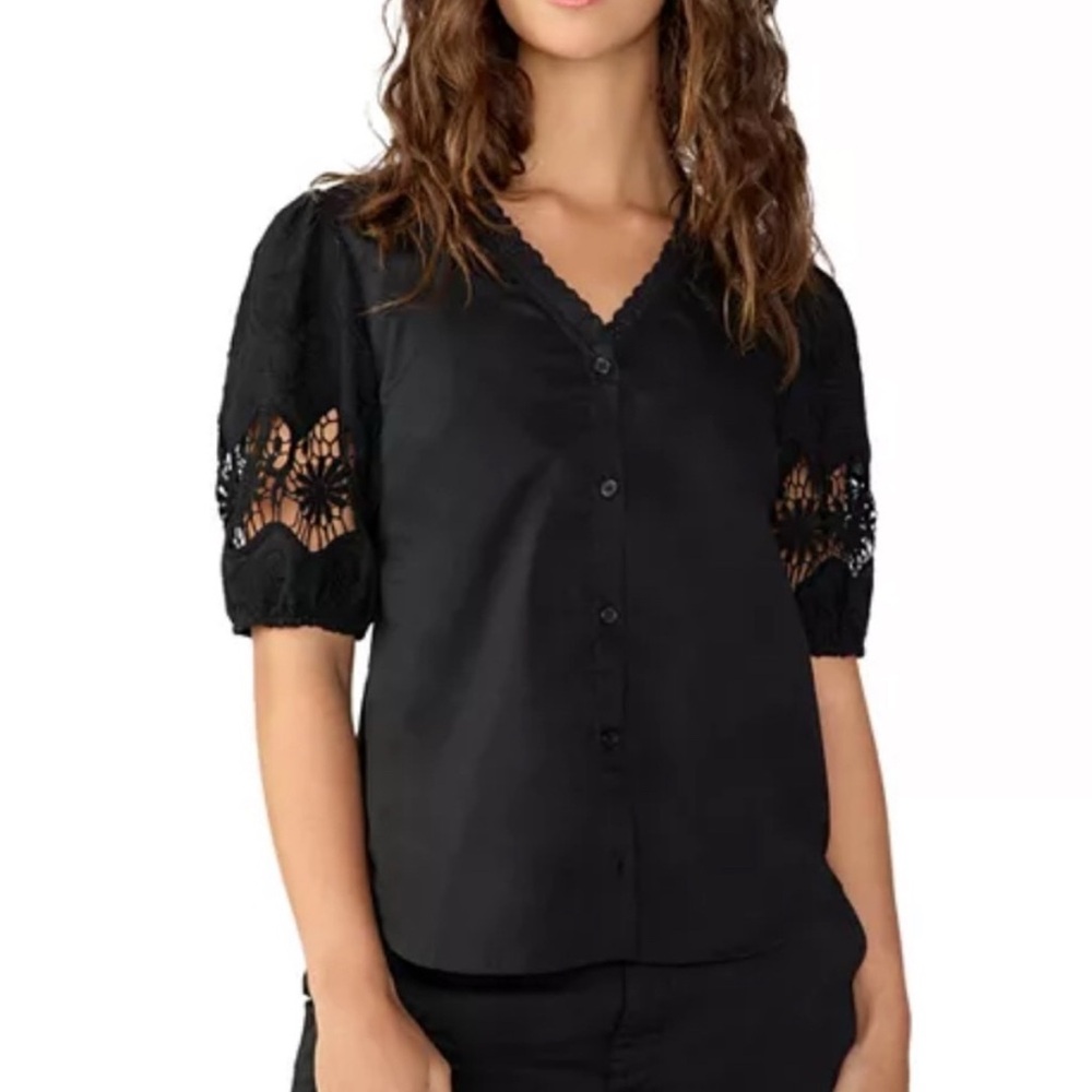 Sanctuary Women’s Voyage Eyelet Lace Puff Sleeve Blouse Black XS Button Front